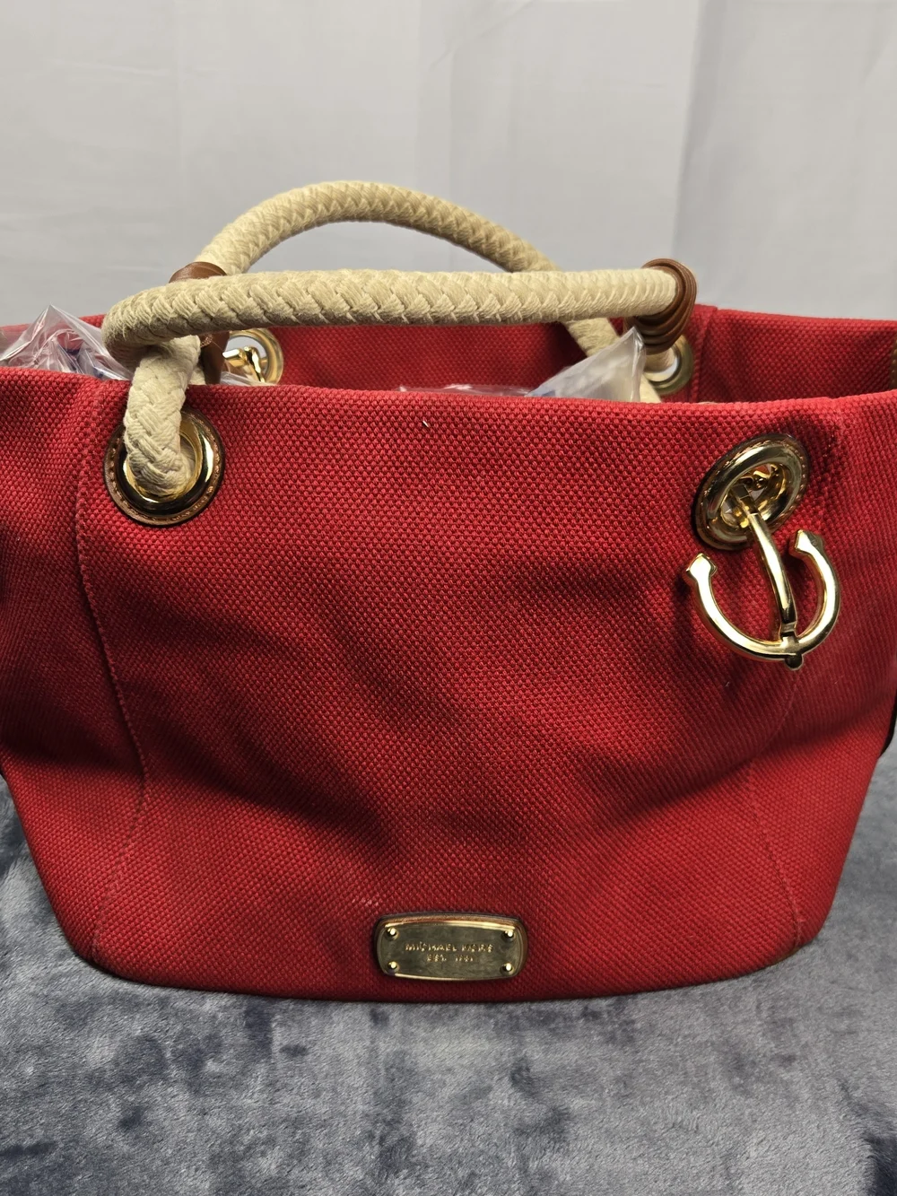Michael Kors Red Canvas Tote with Rope Handles and Gold Hardware